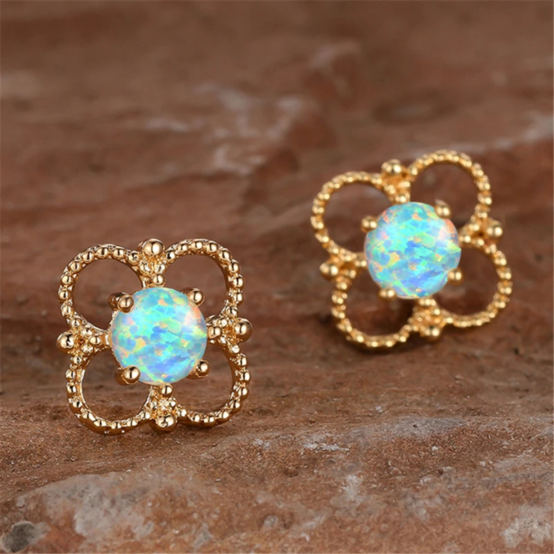 Cute Female Blue White Fire Round Stone Stud Earrings For Women Trendy Gold Color Wedding Jewelry Accessory