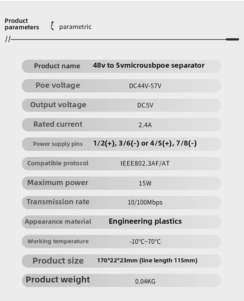 POE Splitter 48V to 5V 12V Power Supply Adapter Micro USB Type-C BarrelJack Compatible with Huawei Hikvision Bobcat Raspberry Pi
