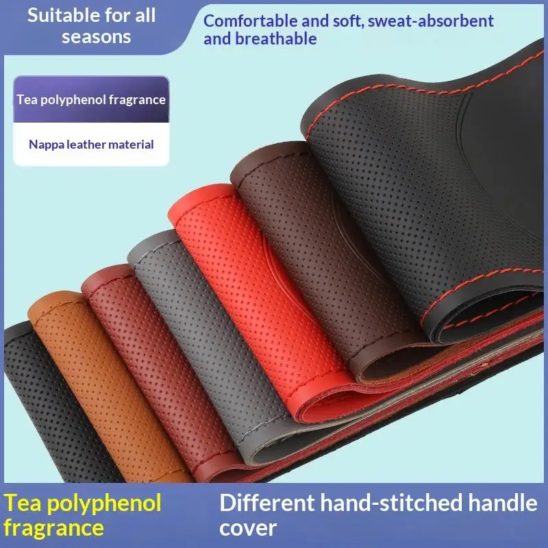 Image of Handgenähter Leder-Lenkradbezug Atmungsaktiv Rutschfest Universal 38cm Elastisches Band Strukturierter Lenkradschutz Dekor