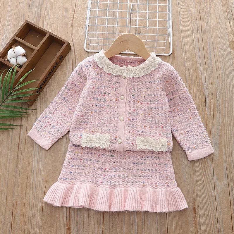 2024 Autumn Winter Babys Girls 2PCS Clothes Set Lace Collar Multicolor Knitwear Suits Spliced Infant Girl Fishtail Skirt Outfits