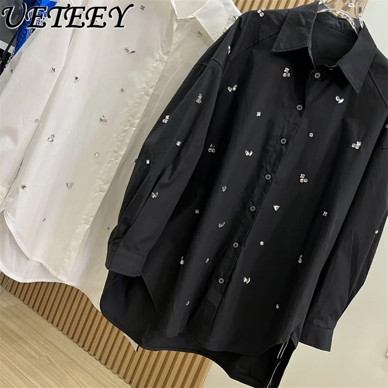 European Goods Light Luxury French Tops Heavy Industry Hand-Sewn Rhinestone Lapel Profile Long Sleeve Mid-Length Shirt for Women