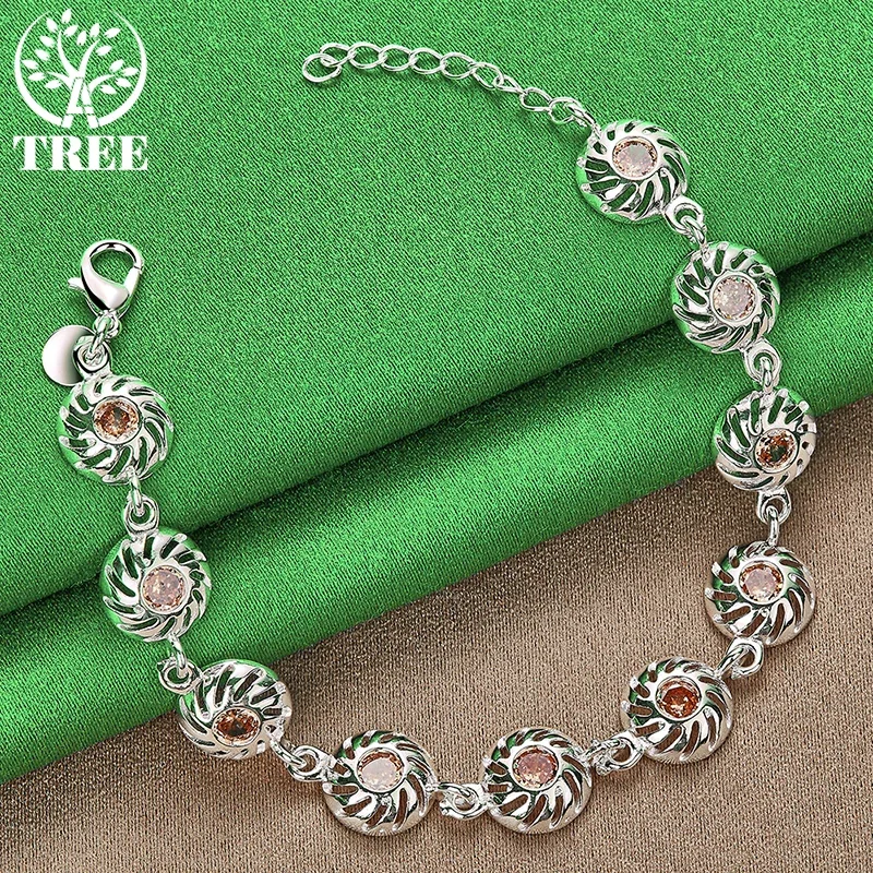 

ALITREE 925 Sterling Silver Orange Crystal Circular Spiral Chain Bracelet For Woman Wedding Accessories Party Birthday Jewelry
