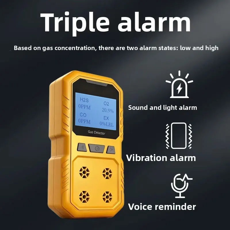 Portable High-Precision 4-in-1 Gas Detector - Combustible and Toxic Hazardous Gas Analyzer O2, CO, Hydrogen Sulfide - Rechargeab