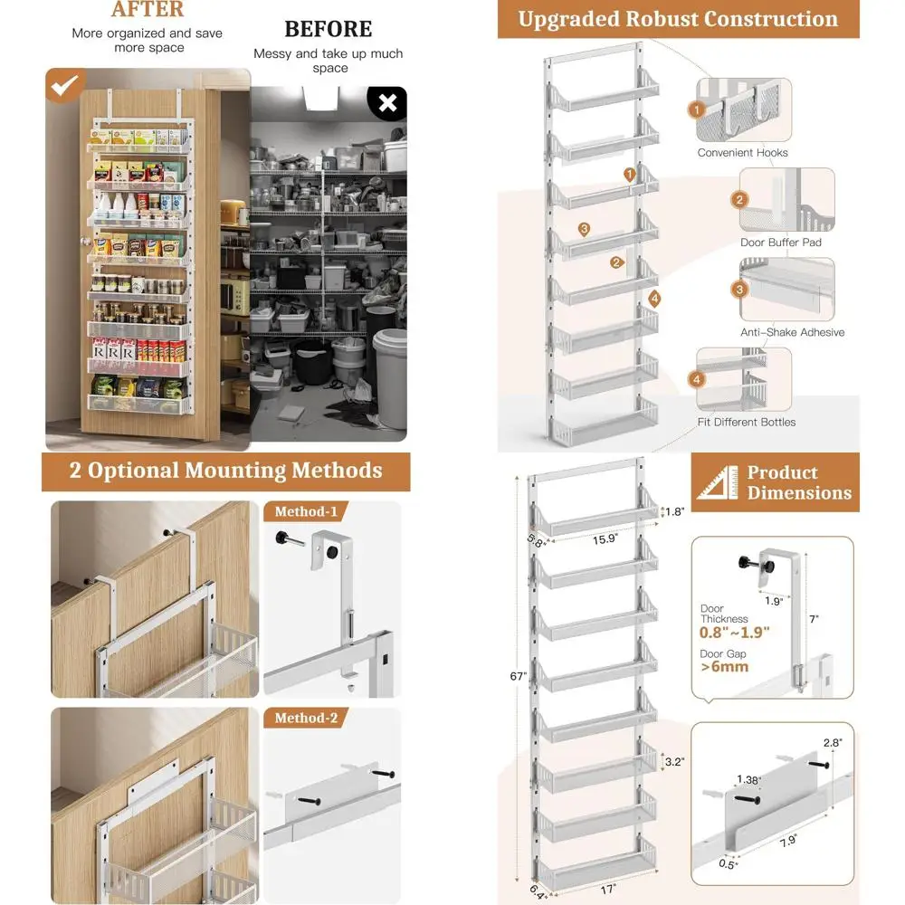 

8-Tier Large Metal Door Spice Rack with Adjustable Baskets, Wall Mount or Hanging Storage Shelf for Kitchen and Bath, White