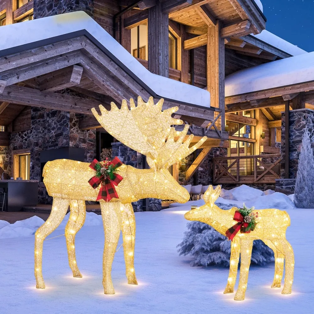 Reindeer Christmas Decorations 2-Piece, 4FT Moose Family Outdoor Christmaas Decorations, Pre-Lit 170 LED Lights Deer W/Stakes