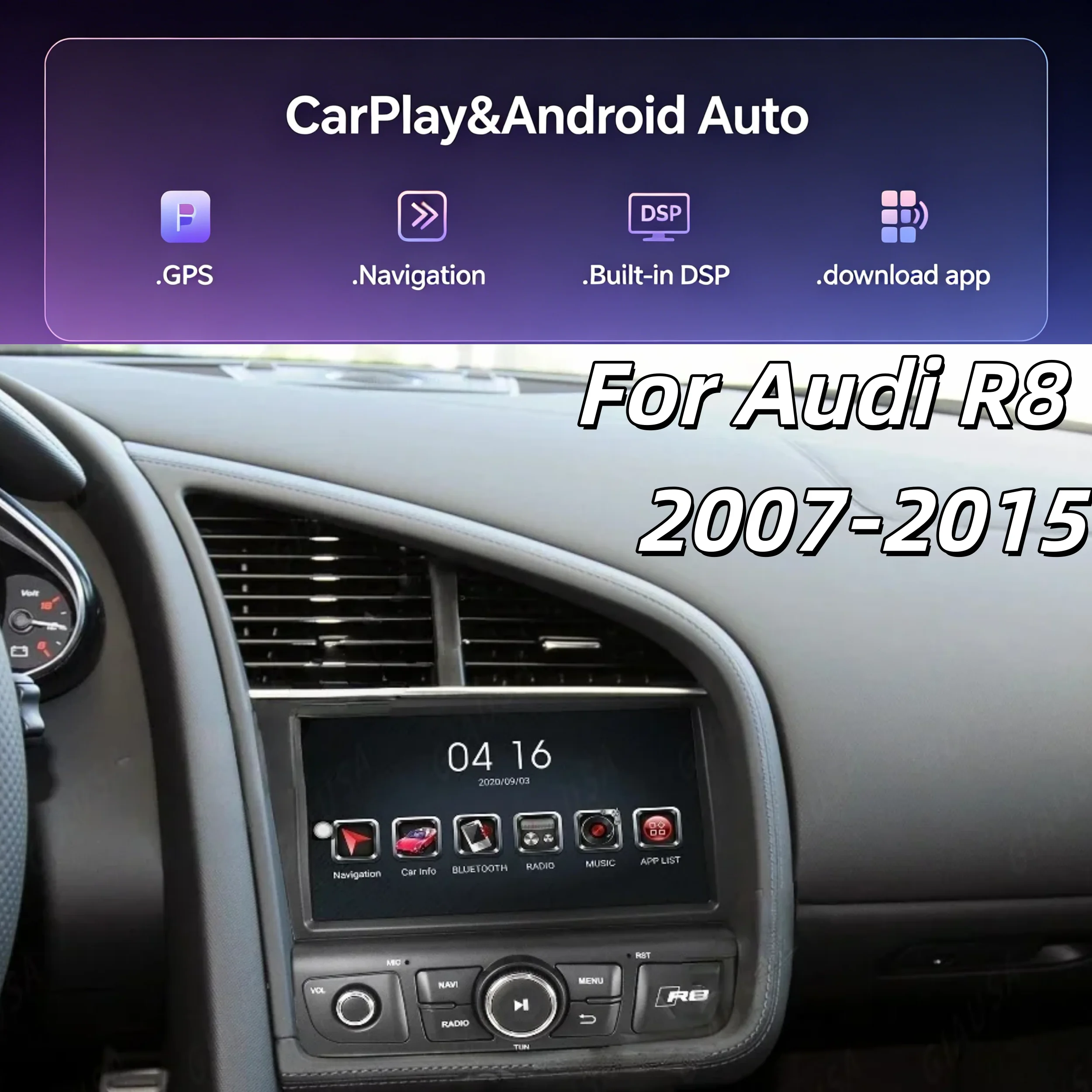 Android 13 For Audi R8 2007-2015 Car GPS Navigation Auto Stereo HeadUnit Multimedia Radio Recorder Music DVD Player Carplay
