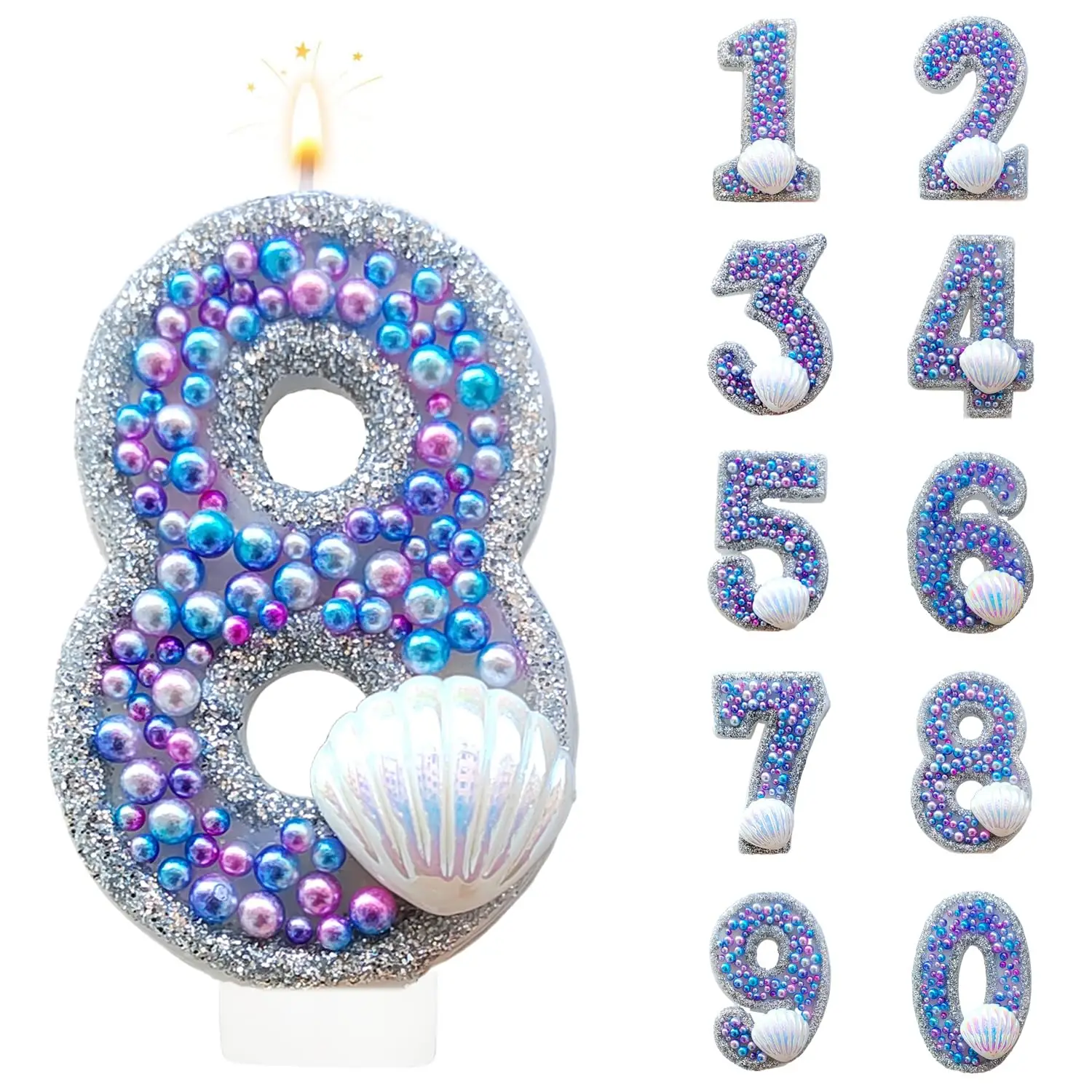 Mermaid Shell OceanTheme Cake Numeric Candles Sequins Numeral Candle,Party Cake Topper Anniversary Party Decor Supplies