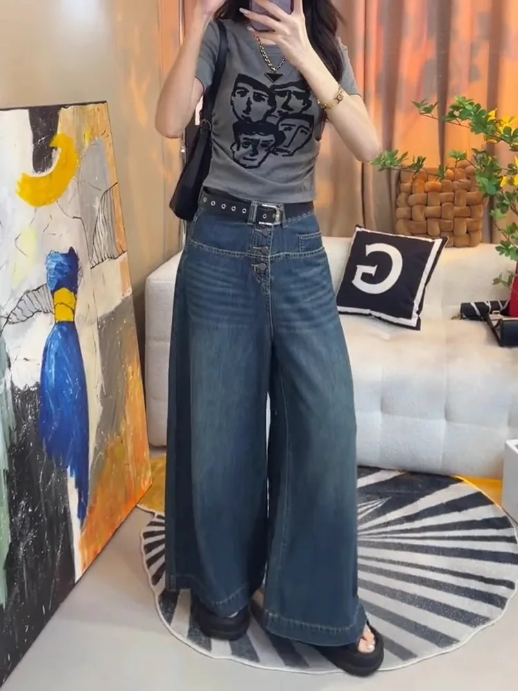 

Wide Jeans Woman Dark Academia Clothes Stacked Ruffle Pleated Draped Split Slit Asymmetric Detail Side Female Denim Fashion