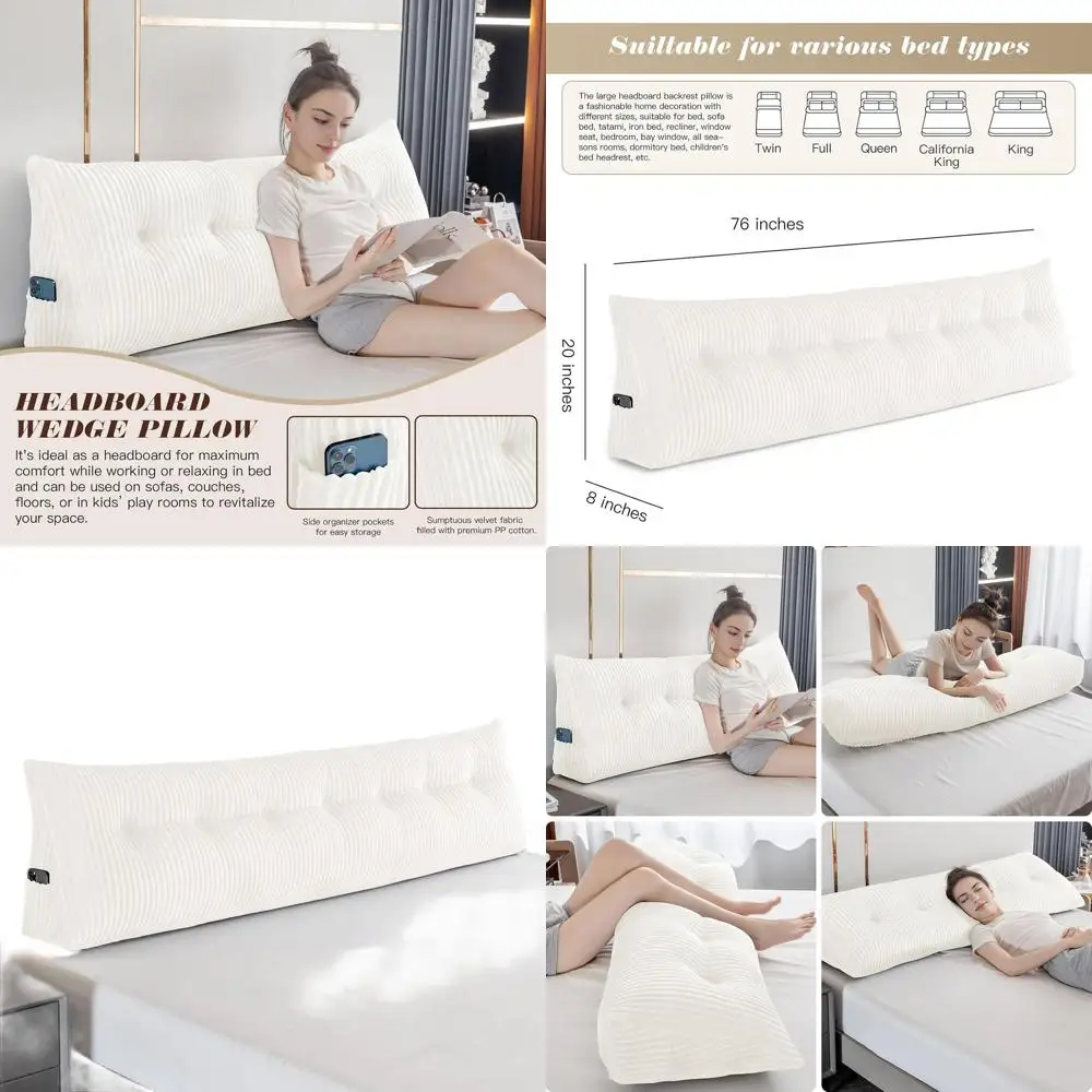 

King Size White Triangular Headboard Bolster, Reading Pillow with Removable Cover, 76x8x20 Inches