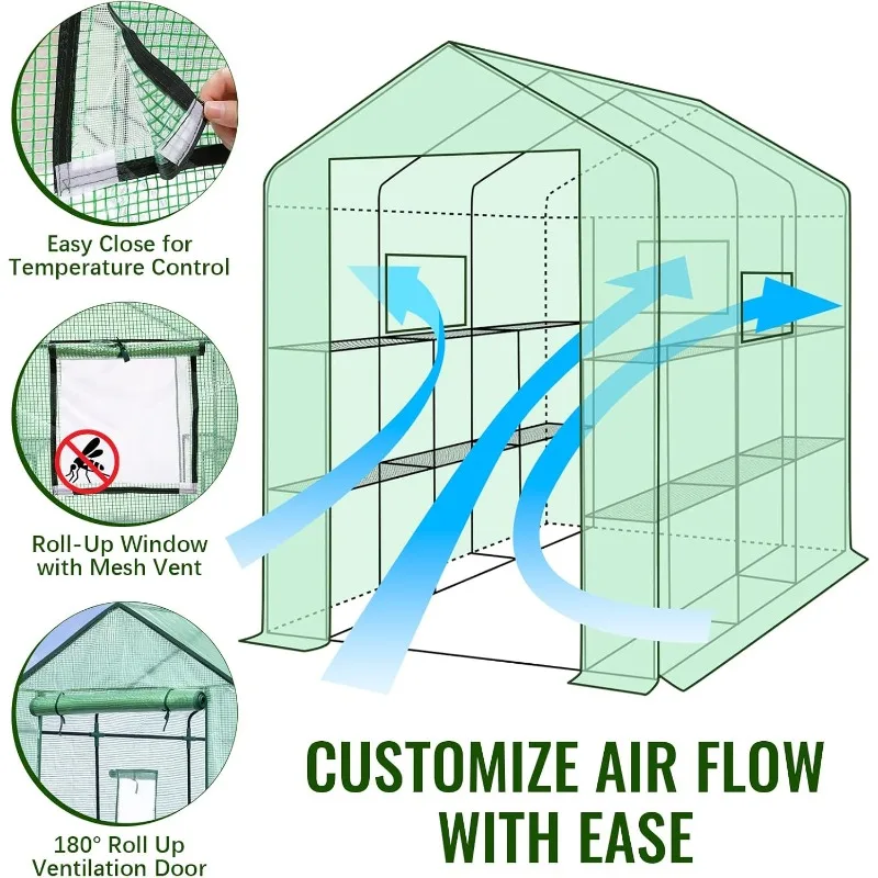 Greenhouse, 57 x 85 x 76'' Greenhouses for Outdoors, Portable Greenhouse Kit with Mesh Side Windows, PE Cover, 8 Shelve