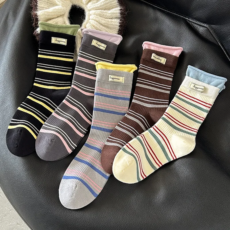 

Letter cloth labeled socks women 2025 autumn new double rib mid crew socks color block stripe Korean socks