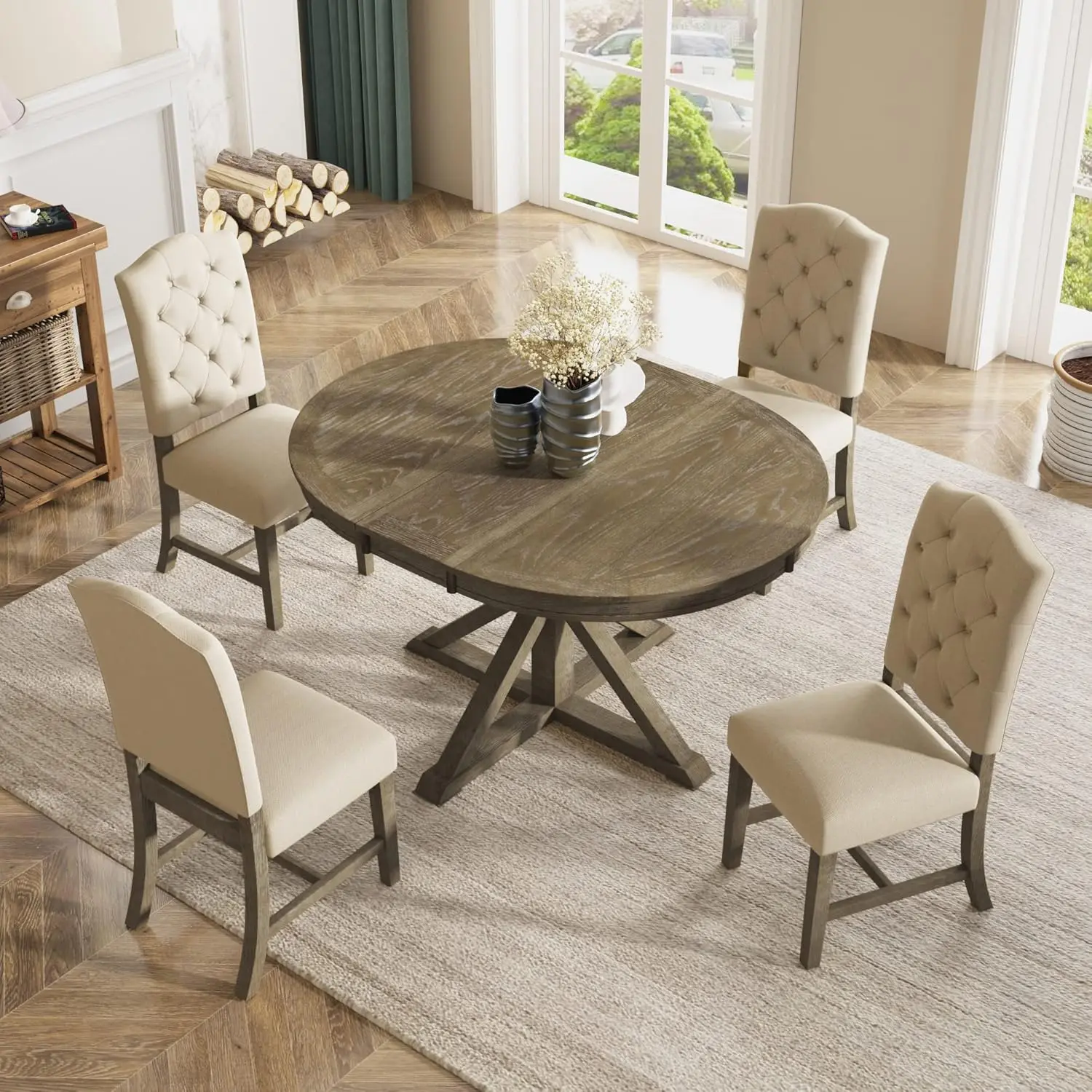 P PURLOVE Retro Style 5-Piece Round Dining Table Set for 4,Extendable Round Dining Table with 4 Upholstered Chairs for 4,