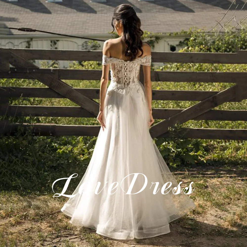 Amor boho querida vestido de casamento rendas até apliques fora do ombro praia bainha vestido de noiva sem costas até o chão personalizado