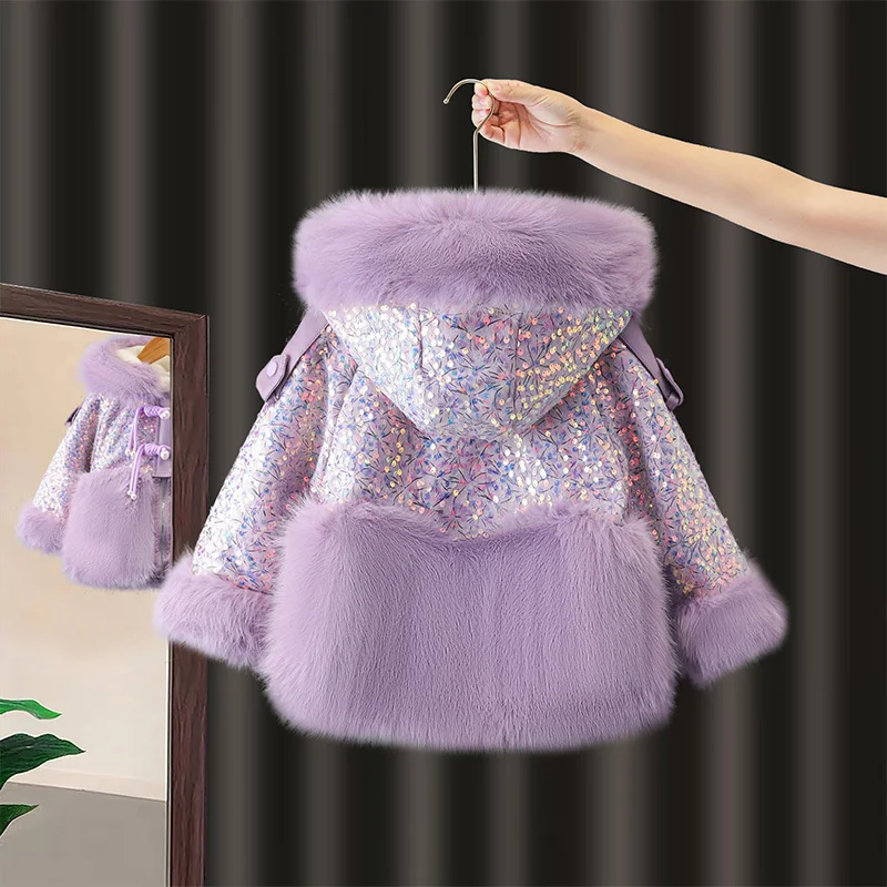 Casaco de pele sintética com forro de Fce para meninas Suéter com botão brilhante Inverno Faion Little Princ Top corte reto longo S...