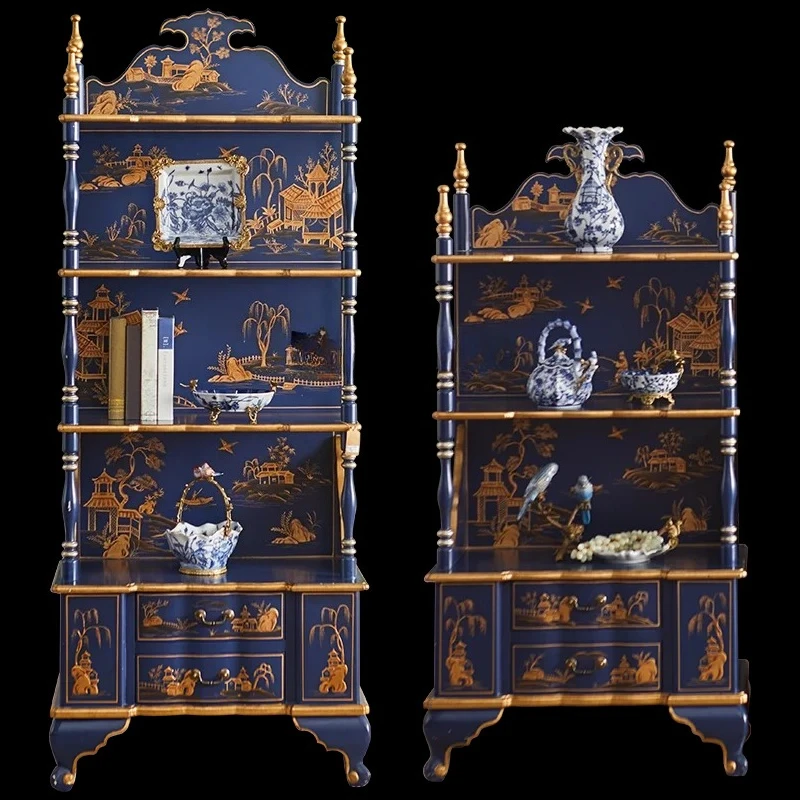 

French Chinese style solid wood hand-painted display cabinet retro storage shelf classical luxury display bookshelf