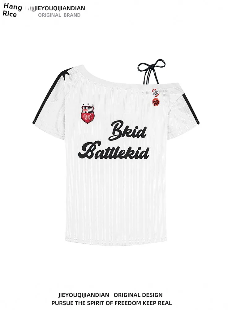 Retro American Bae Bedrucktes asymmetrisches Oulder-T-Shirt Damen Sommer Spicy Girl Sle Casual Top Streetwear Loose Fit...