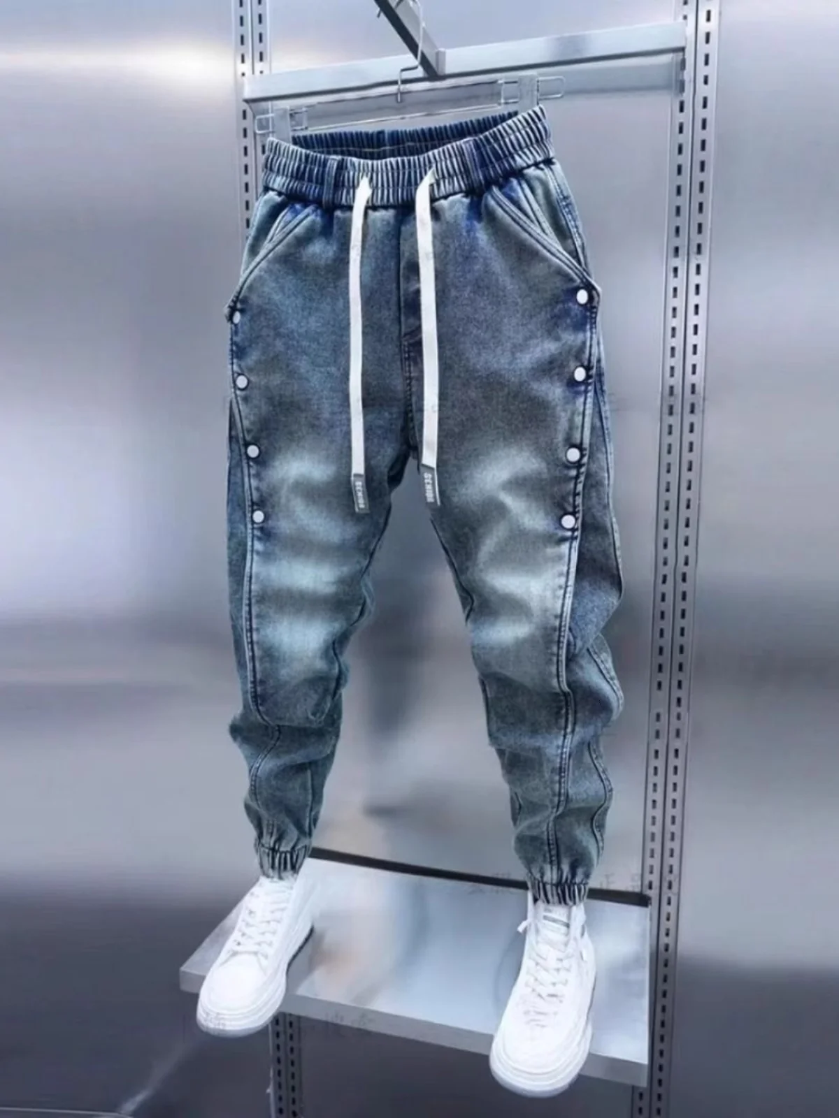 Light Blue Men's Jeans Elastic Waist Decorative Button Harlan Pants Spring Autumn Fashionable Slim Fit Harlan Trousers