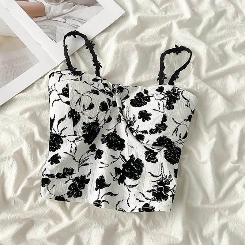 Summer Flowers Tank Camisole High Street Vacation Fashion Girls Backless Sexy Women\'s Off Shoulder  Causal Black Top