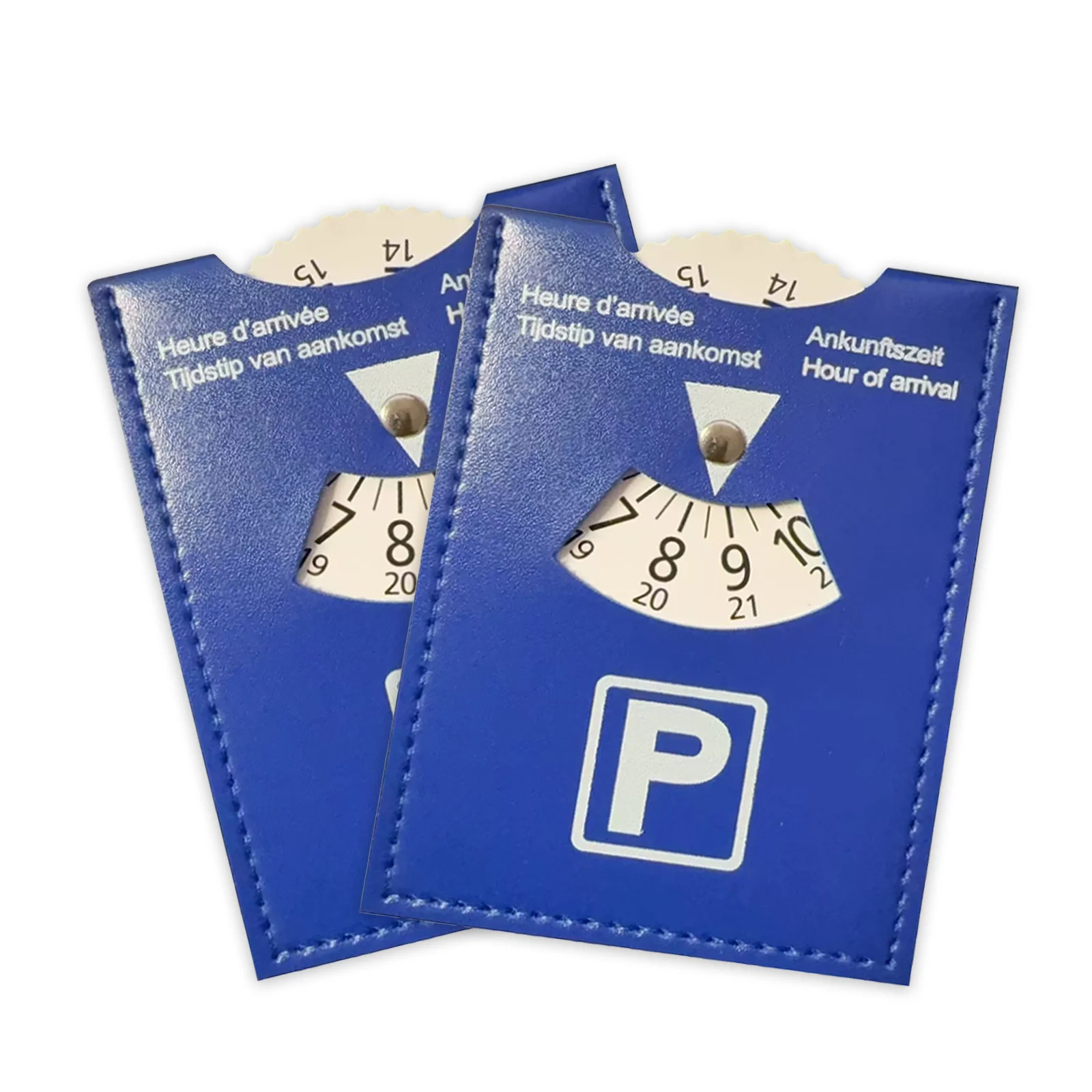 Disco de estacionamiento de cuero PU azul Versión en 4 idiomas Temporizador de llegada duradero y resistente al agua para automóvil - Diseño europeo universal