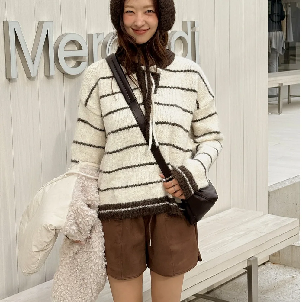 

Женский шикарный вязаный свитер круглого цвета Ne Tie Dye в полоску, свободный осенний топ Lazy Sle, корейский повседневный свободный трикотаж с поясом