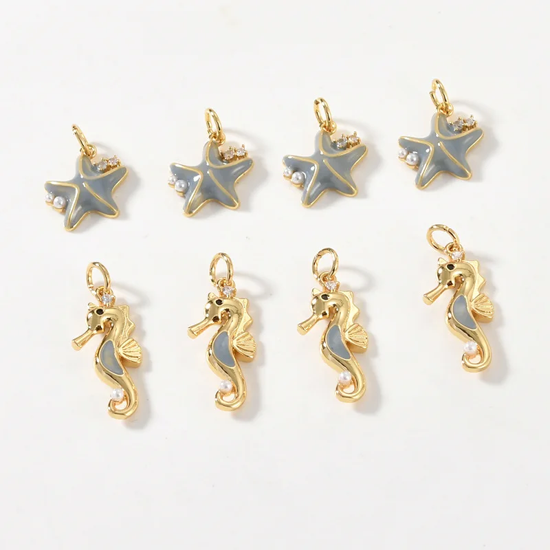 Strong Color Retention 14k Real Gold Marine Series Starfish Seahorse Pearl Pendant DIY Beaded Bracelet Necklace Accessories