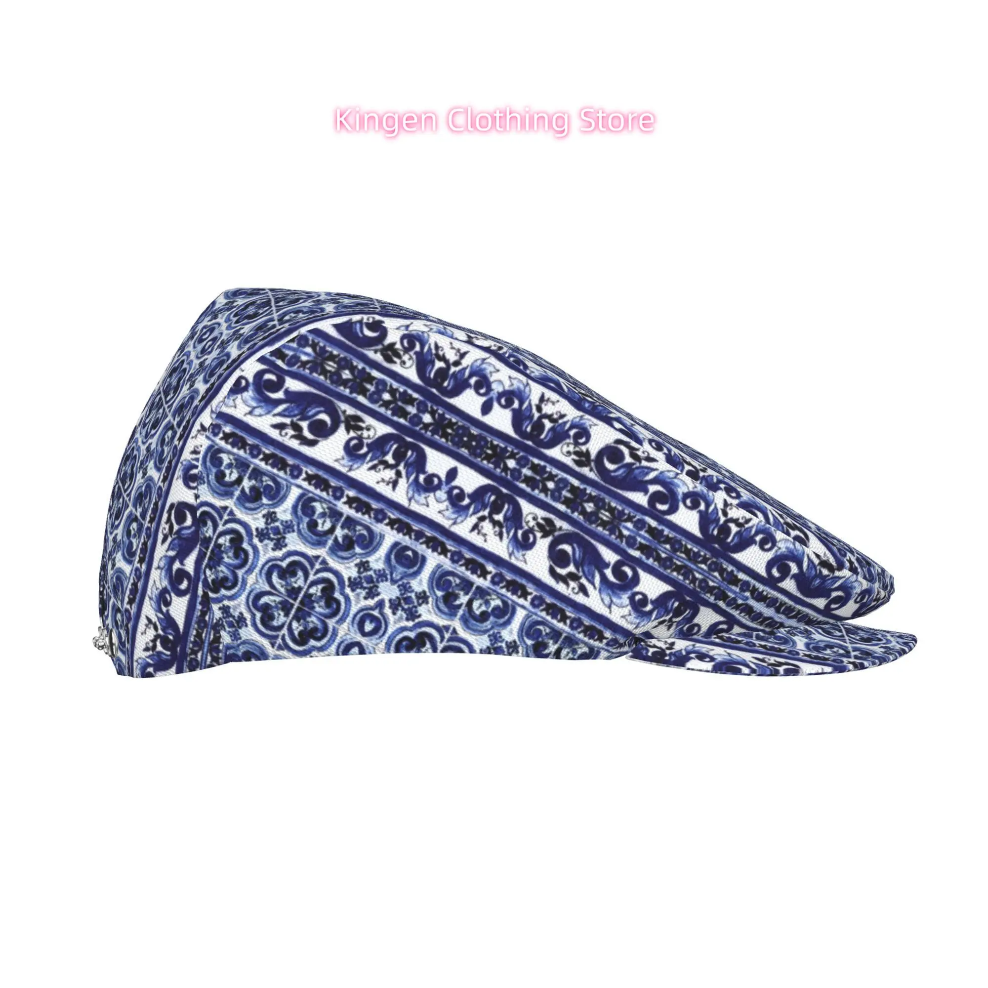 Blue & White Tile Scroll Pattern All-Over Print Flat-Top Hats for Men And Women, Newsboy Caps, Berets, Irish Hats, Driver Caps,