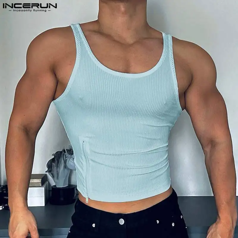 INCERUN Tops 2024 Korean Style Sexy New Mens Fashion Zipper Design Vests Casual Streetwear Male Solid Sleeveless Tank Tops S-5XL