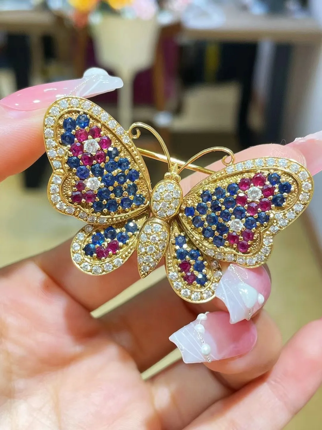 multi color butterfly brooch & pendant double use 18K yellow gold with sapphire and diamond genuine jewelry luxury  insect