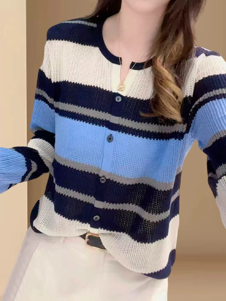 

Casual Loose Fit Women's Knitted Sweater Striped Outerwear Simple Sle Spring Autumn Versatile Slimming Age-Defng Top