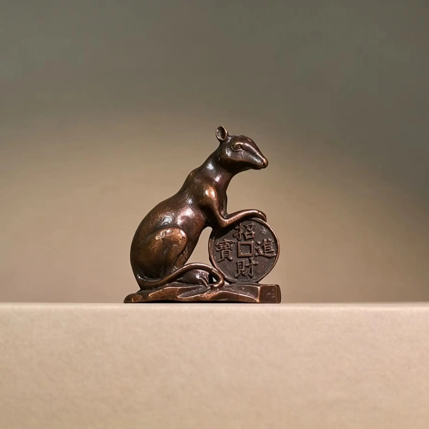 Vintage Pure Copper Rat Figurine of the Chinese Zodiac, Desktop Ornament for Home Decor