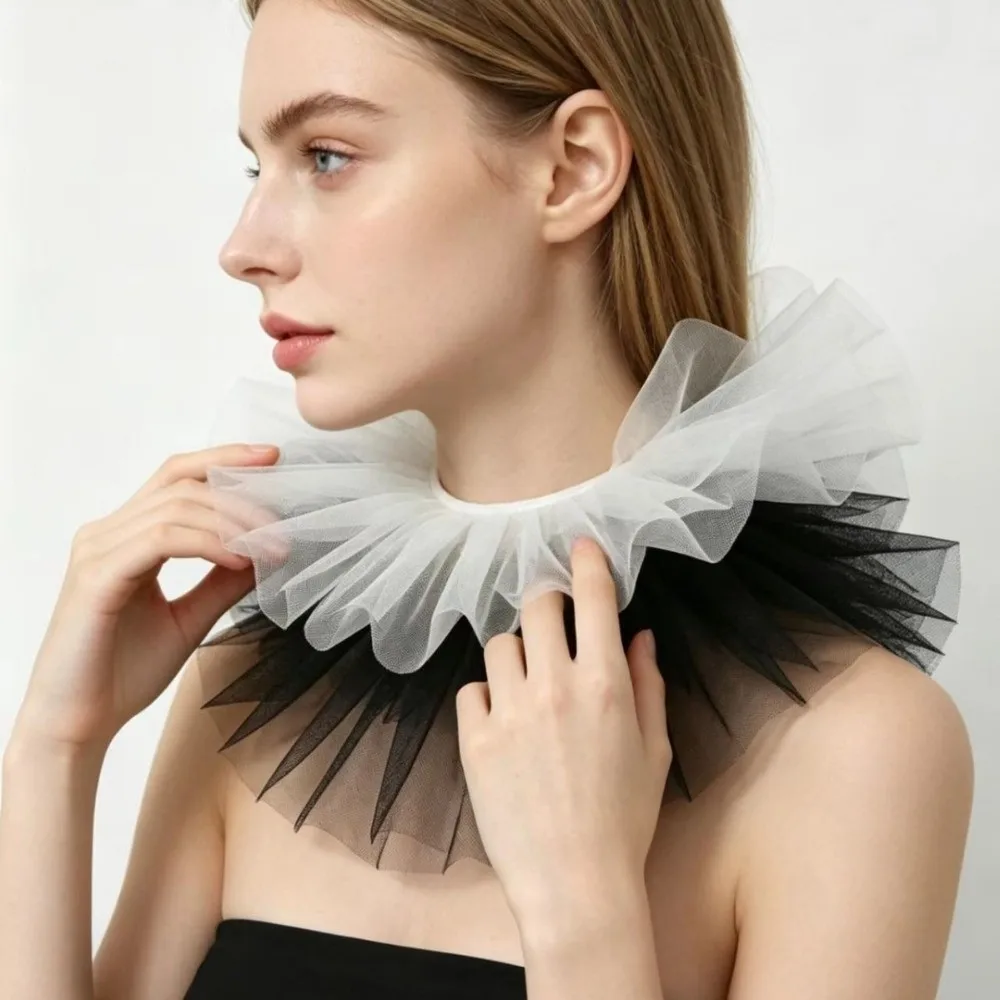 Fashion Ruffle Mesh Fake Collar Shawl Tulle Lace Trim Detachable Neck Collar Black White Makeup Neck Shawl For Unisex