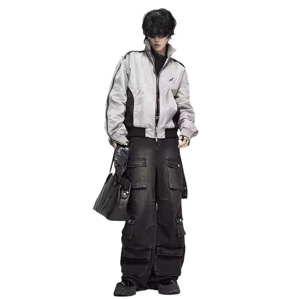 American Style Hiphop Straight-Leg Jeans Multiple Pockets Trendy Vintage Wide-Leg Baggy Pants for Men Y2k Streetwear Koran