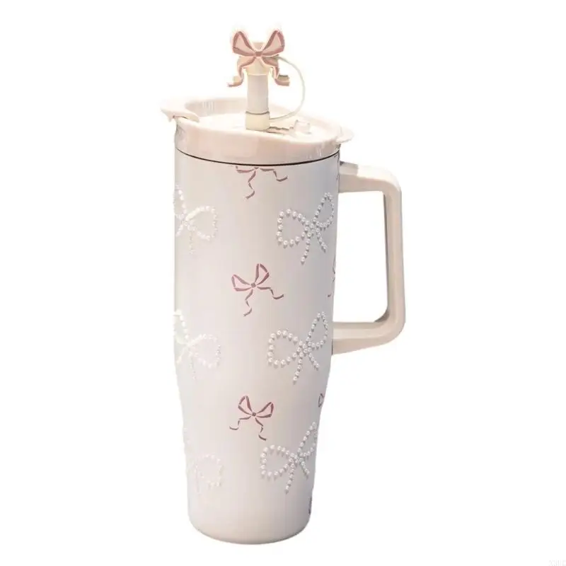 High Capacity 1200ml Stainless Steel Water Bottle with Comfortable Handle and Pearls Embellishment for Daily Hydrations X3UC
