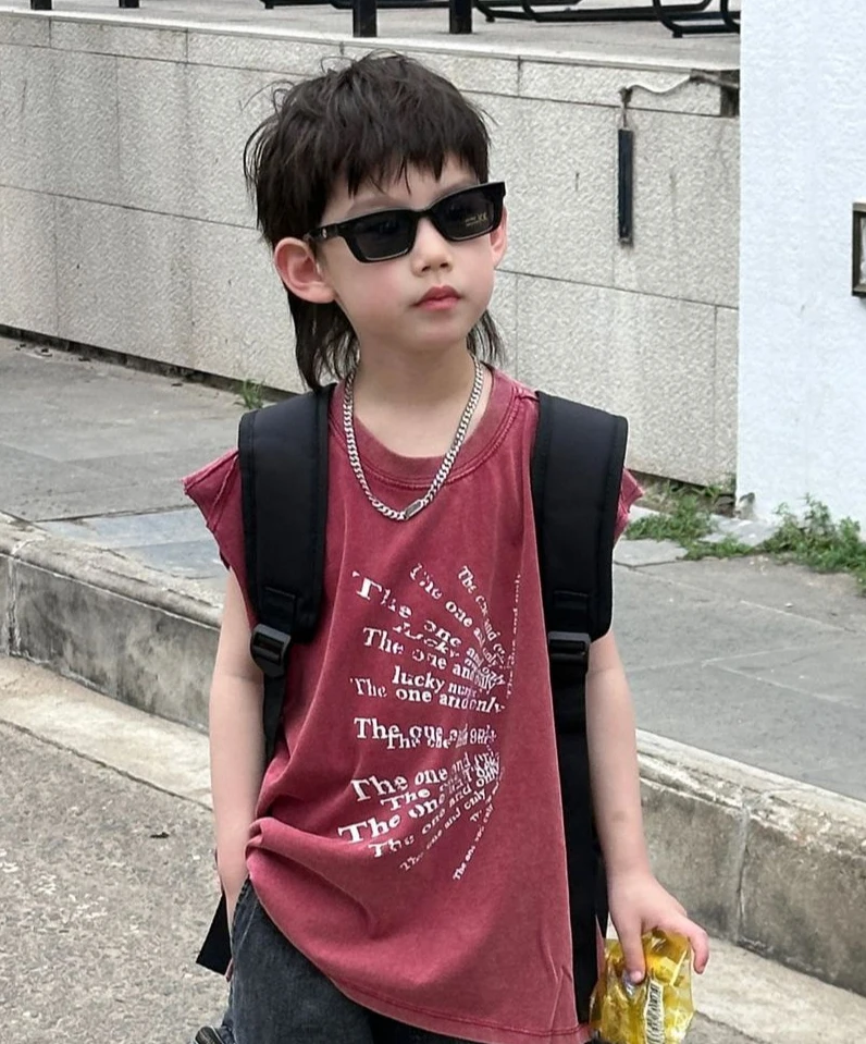 2024 Summer New Korean Edition Boys Versatile T-shirt Fashion Design Sense Handsome Cool Tank Top Kids Clothes