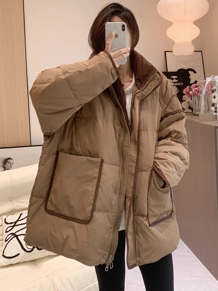 90%ダックダウンジャケット 韓国風 ルーズカラー ミドル丈コート 2025年冬新作 レディース スノーコート 厚手 暖かい アウター 女性用パーカー ブレッドスーツ