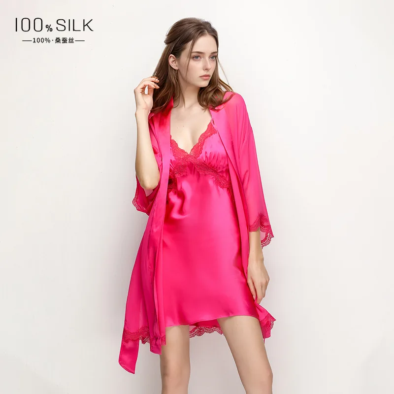 

100% Mulberry Silk Chemise Nightgown Bathrobe Lace Trim Kimono Gown Loose Home Dress Nighty&Robe Set Lingerie Dressing Gown PJS