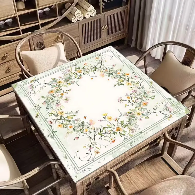 VIKAMA Square Mahjong Table Mat Vintage Floral Bamboo Print Non‑Slip Silent Foldable Game Pad for Home Desktop Decor