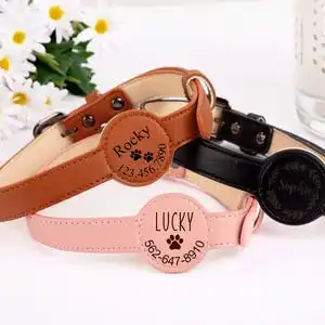 Custom engraved pet ID collar with name and contact info, PU leather AirTag dog collar, anti-loss location tracking cat collar view 6