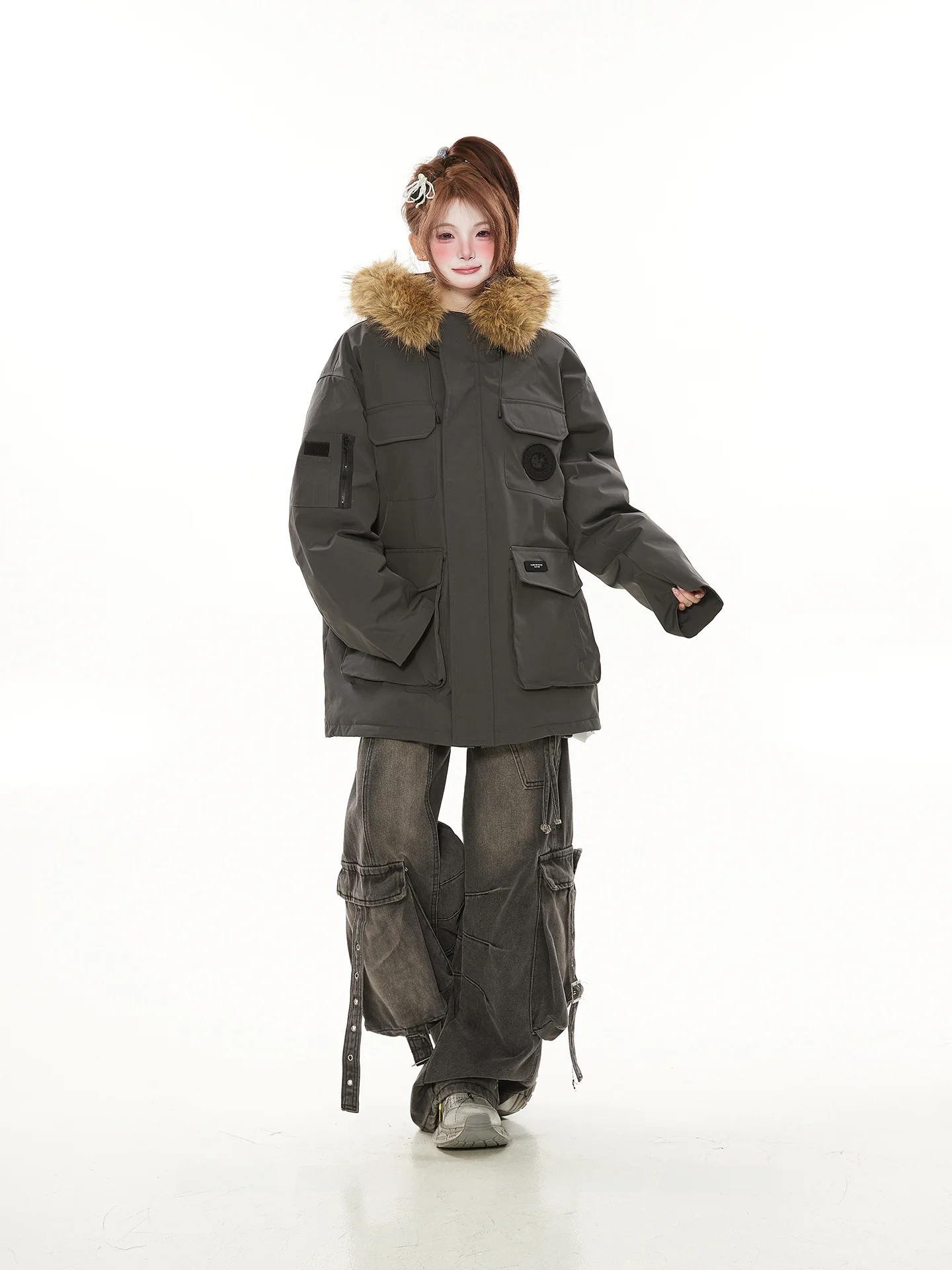 

Теплая американская куртка с капюшоном и меховым воротником, средней длины, для работы на улице, женская, из хлопка, осень-зима