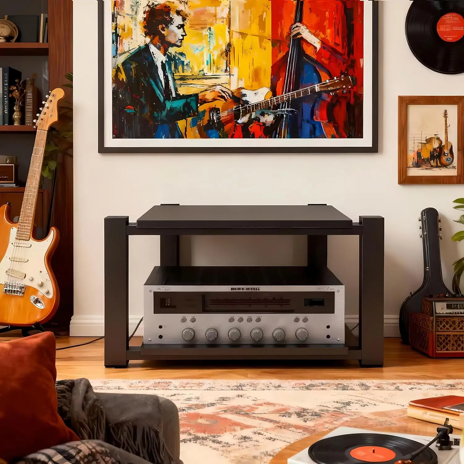 Heavy Duty Audio Rack Tower, Av Media Player Stand with Wooden Shelves, Black Cd Stereo Equipment Cabinet, Suitable for Home,Off