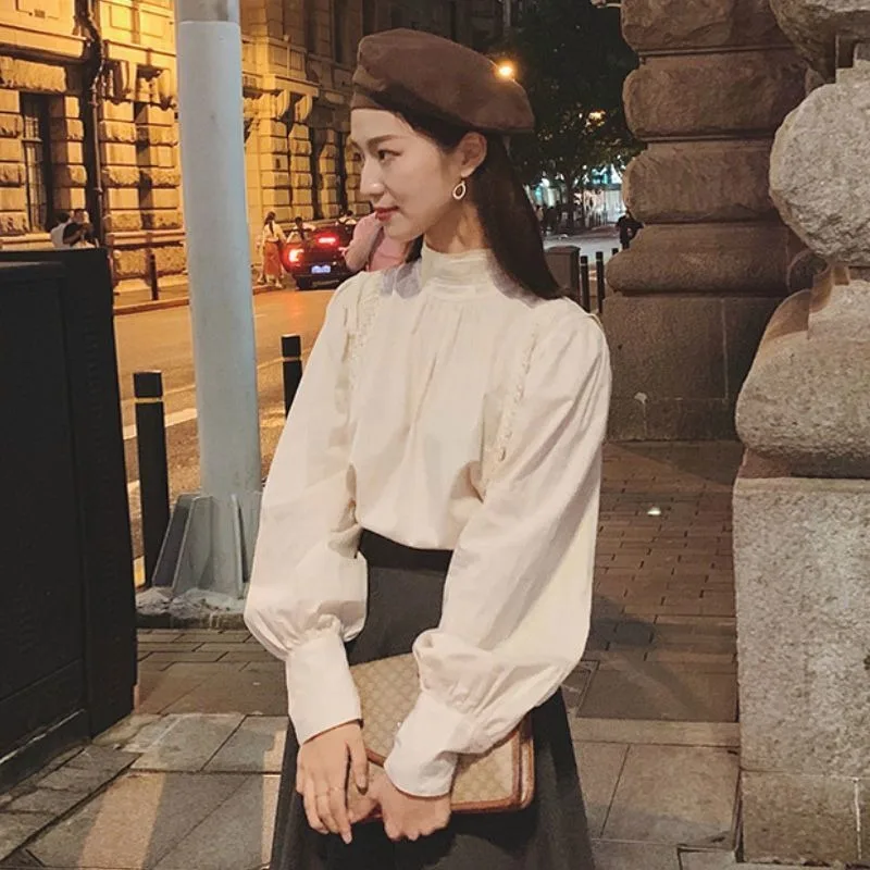 Long Puff Sleeve Shirts Women Half High Collar Solid Pleated Causal Tops Loose Simple Baggy Skin-friendly All-match Basic Chic