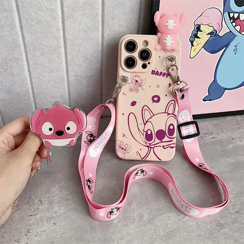 ثلاثية الأبعاد الكرتون غرزة الملاك مع حامل الحبل زوجين جراب هاتف آيفون الهواء 12 13 mini 11 14 15 16e 17 برو ماكس غطاء مقاوم للصدمات #4
