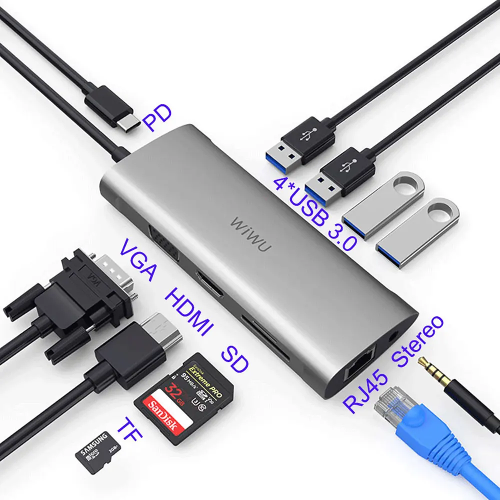 WiWU-concentrador USB 3,0, 11 en 1, multifunción, tipo C, para MacBook Air Pro PD, carga rápida, VGA, Micro USB, para Huawei y Xiaomi