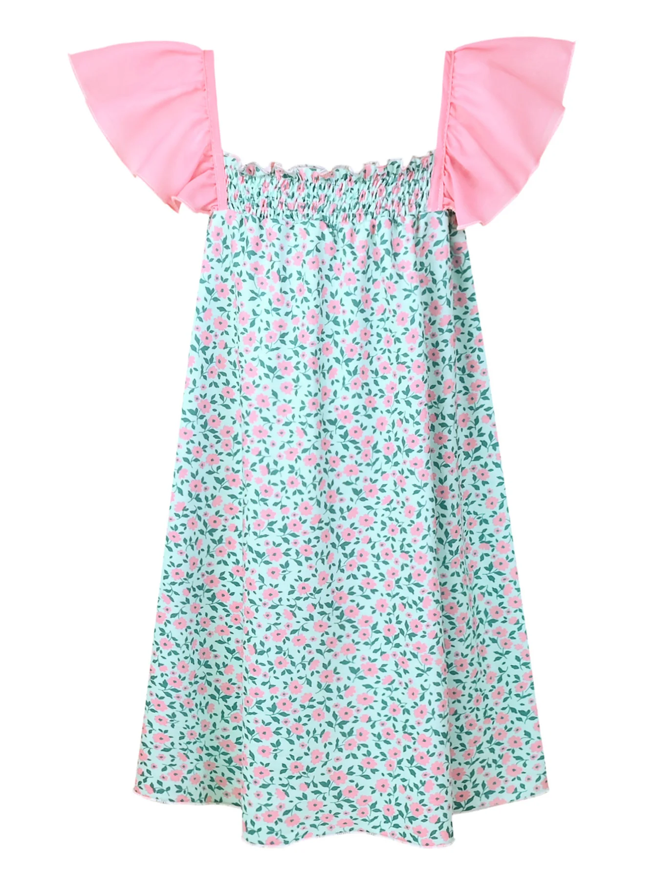 Girls Smock Neck Sleeveless Dress Light Green Floral Print Children's Fashion Casual Skirt for Girls