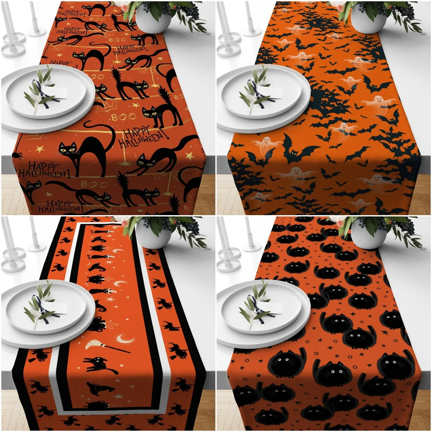 Halloween Table Runner,Orange Black Happy Halloween Print Tablecloth,Black Cat,Bat and Ghost Table Decor,Housewarming Fall Trend