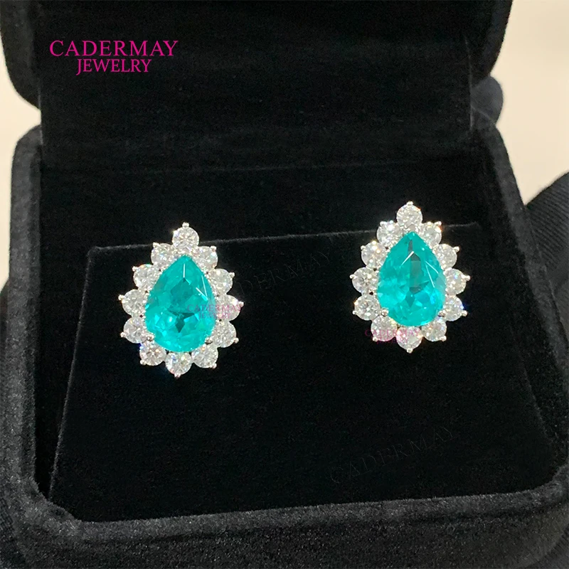 Luxury 925 Silver 8x11mm Pear Shape Synthetic Paraiba YAG Mixed Moissanite Halo Stud Earrings For Women Party Anniversary Gift