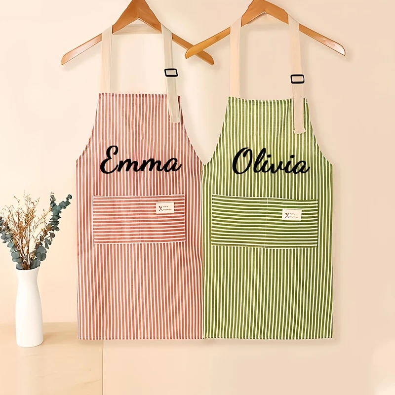 Custom Name Striped Apron with Pockets, Great for Cooking and Parties, Couple Apron Set Prefect Gifts for Wedding & Housewarming