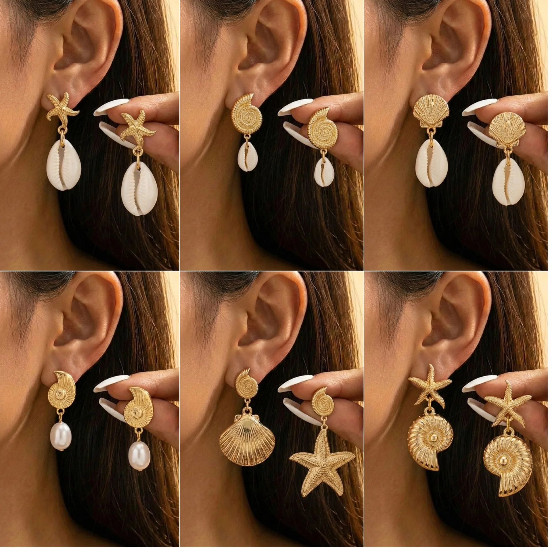 Boho Ocean Style Starfish Shell Pendant Earrings for Women Summer Seaside Conch Scallop Pearl Earring Summer Beach Charm Jewelry