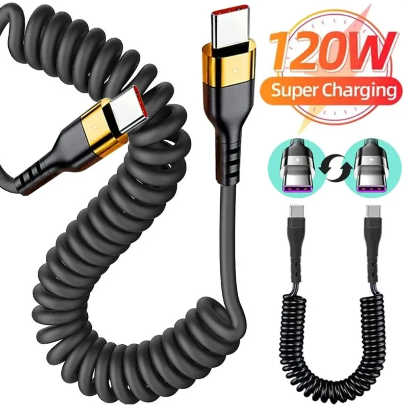 PD120W Fast Charging Coiled Dual USB C Cables Flexible Spring Type C To C Charger Wire Cord for iPhone 16 Pro Samsung Xiaomi