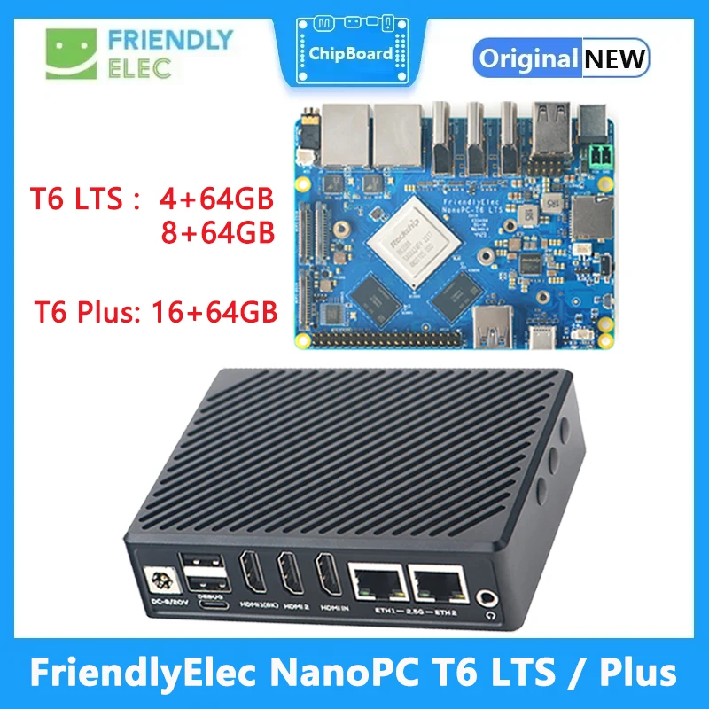 

FriendlyElec NanoPC T6 LTS/Plus Board Rockchip RK3588 Cortex A76 6TOPS 4/8/16GB and32/64GB dual 2.5G port HDMI IN NVME